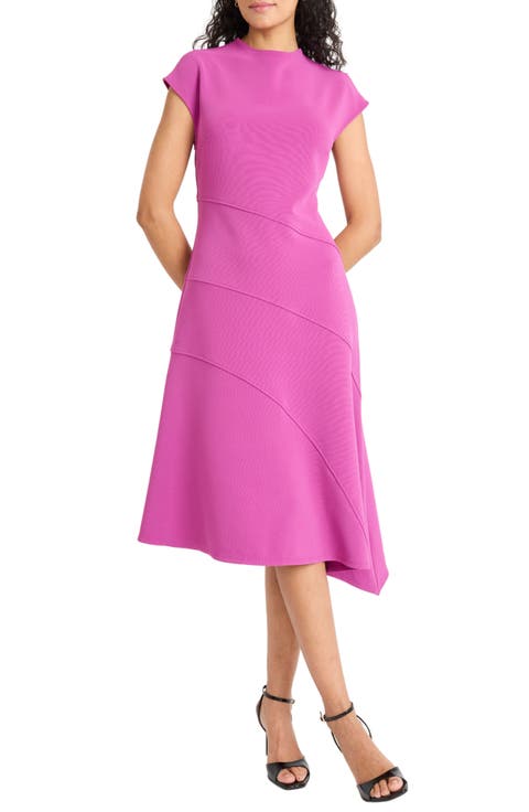 Mock Neck Cap Sleeve Asymmetric Hem A-Line Dress