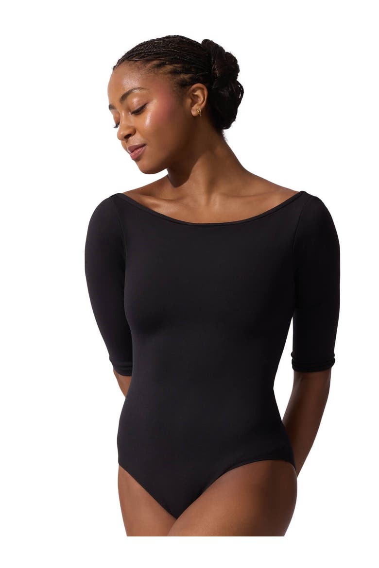 Boatneck 3/4 Sleeve Leotard, Alternate, color, black