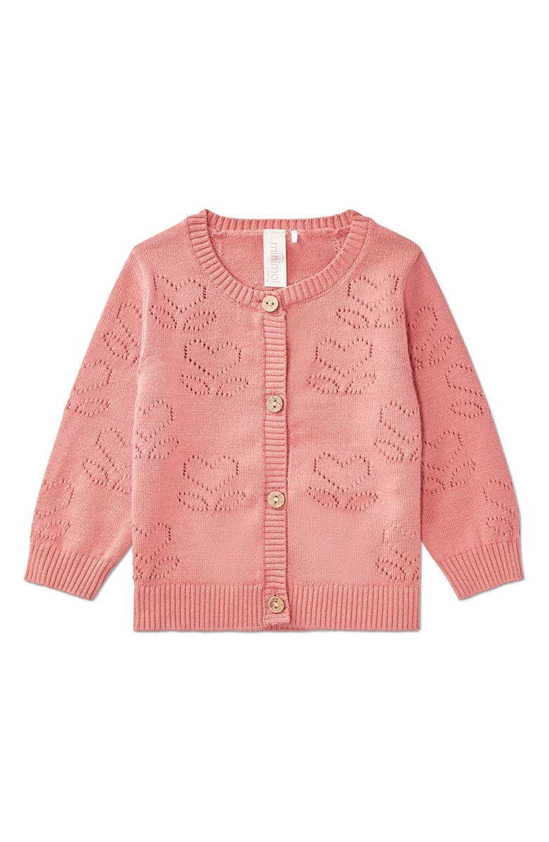 MiniMoi Heart Pattern Cotton Cardigan Sweater, Main, color, Rose Pink