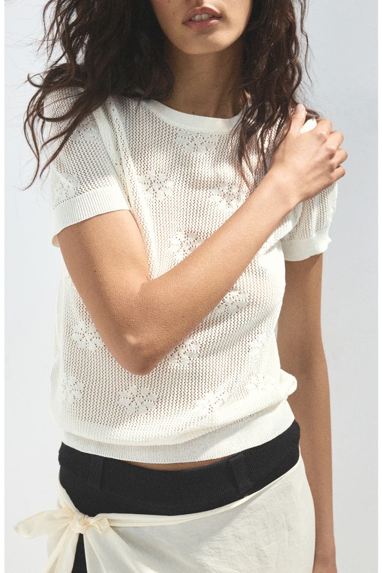 Floral Crochet Short Sleeve Sweater, Main, color, WHITE