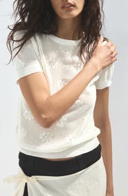 MANGO Floral Crochet Short Sleeve Sweater