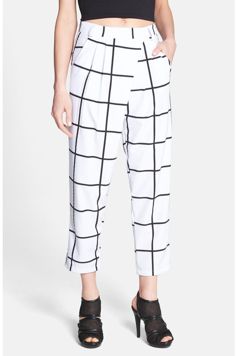 Grid Pattern Wrap Detail Crop Pants, Main, color, WHITE/ BLACK