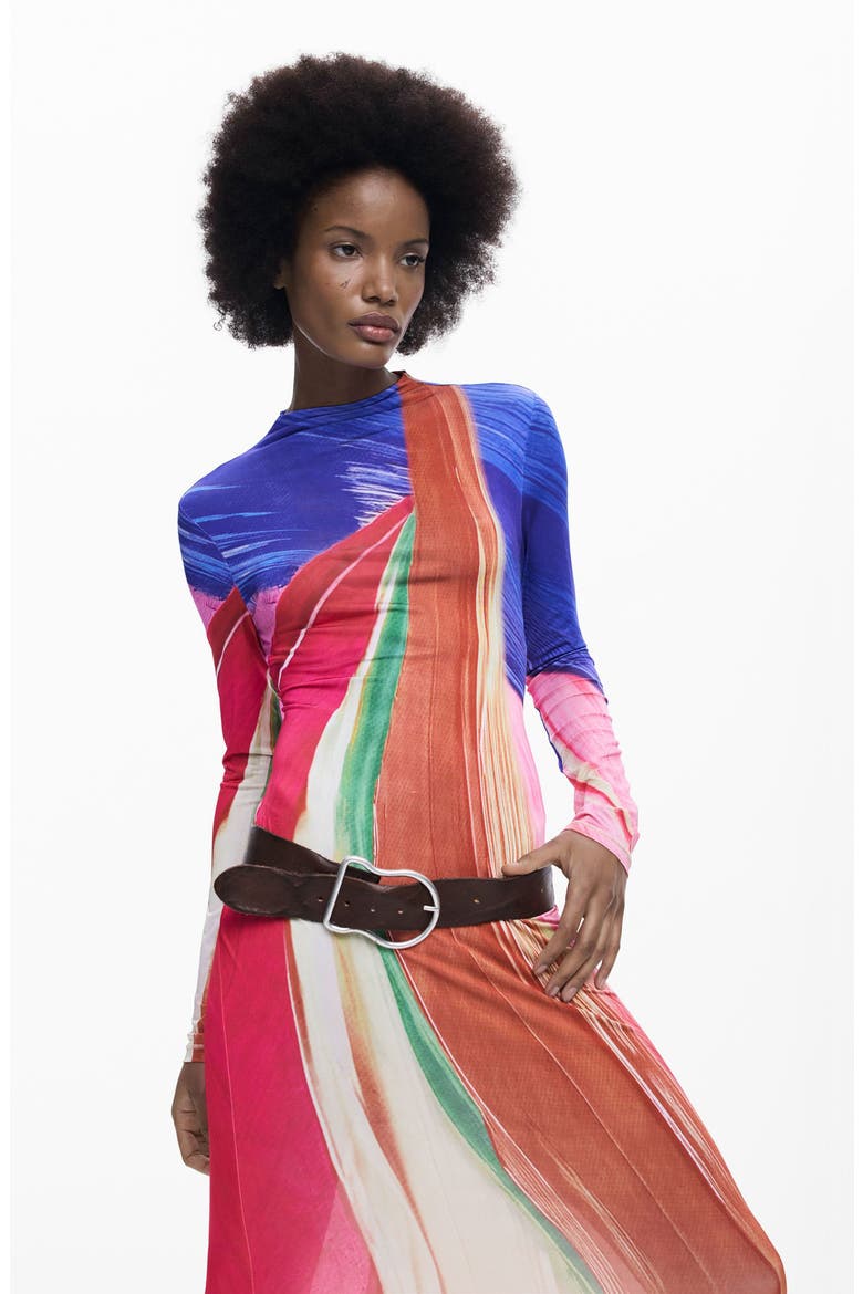 Mock Neck Long Sleeve Midi Dress, Alternate, color, PINK MULTI