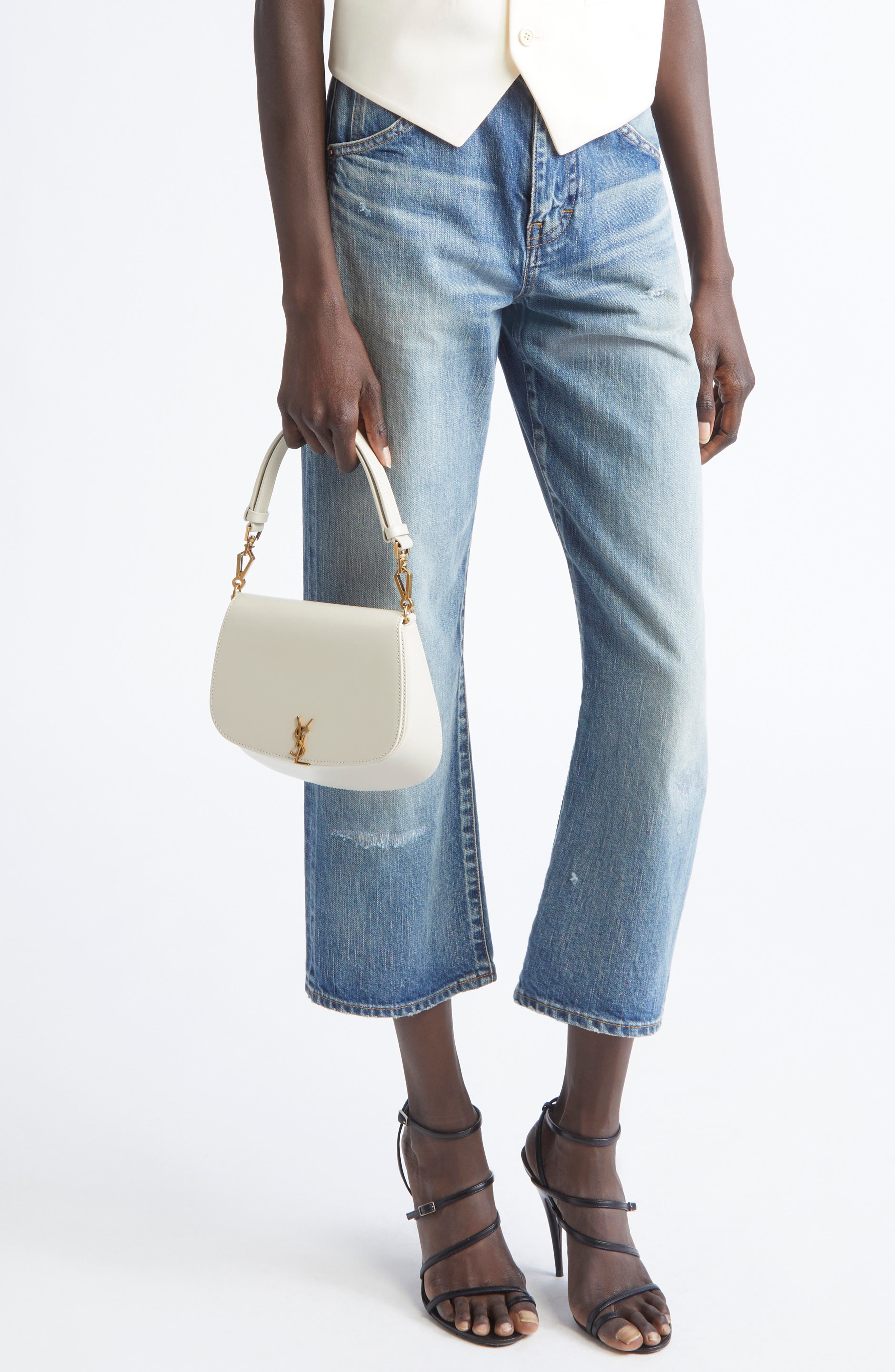 Saint Laurent Mini Voltaire Box Leather Top Handle Bag, Alternate, color, Blanc Vintage