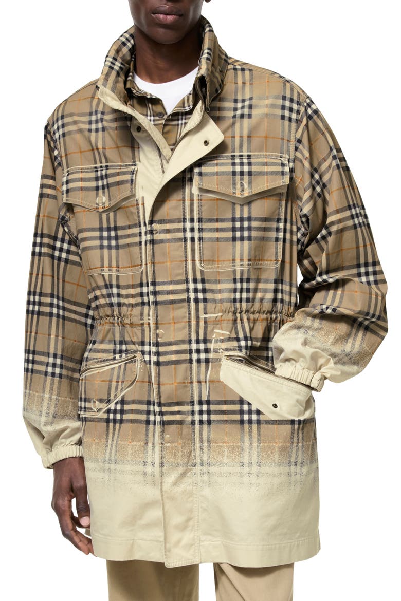 Lancaster Gradient Check Oversize Tropical Gabardine Parka, Main, color, TAUPE