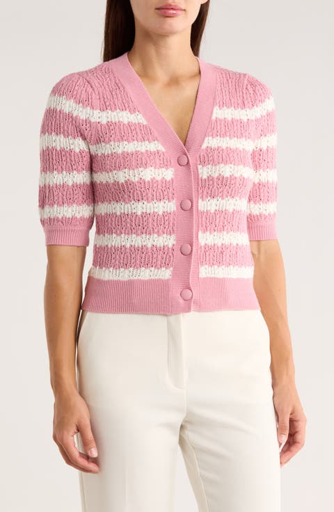 Stripe Short Sleeve Pointelle Cardigan