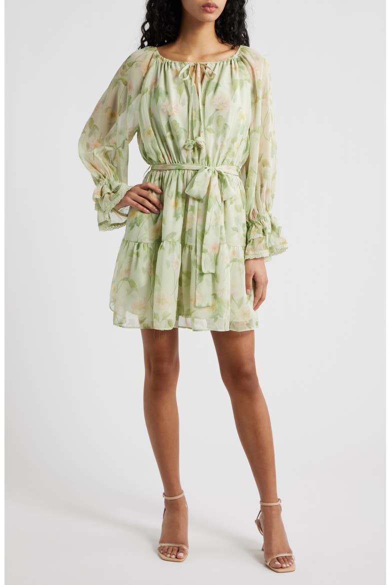 Paloma Floral Print Long Sleeve Minidress, Main, color, SAGE PINK YELLOW