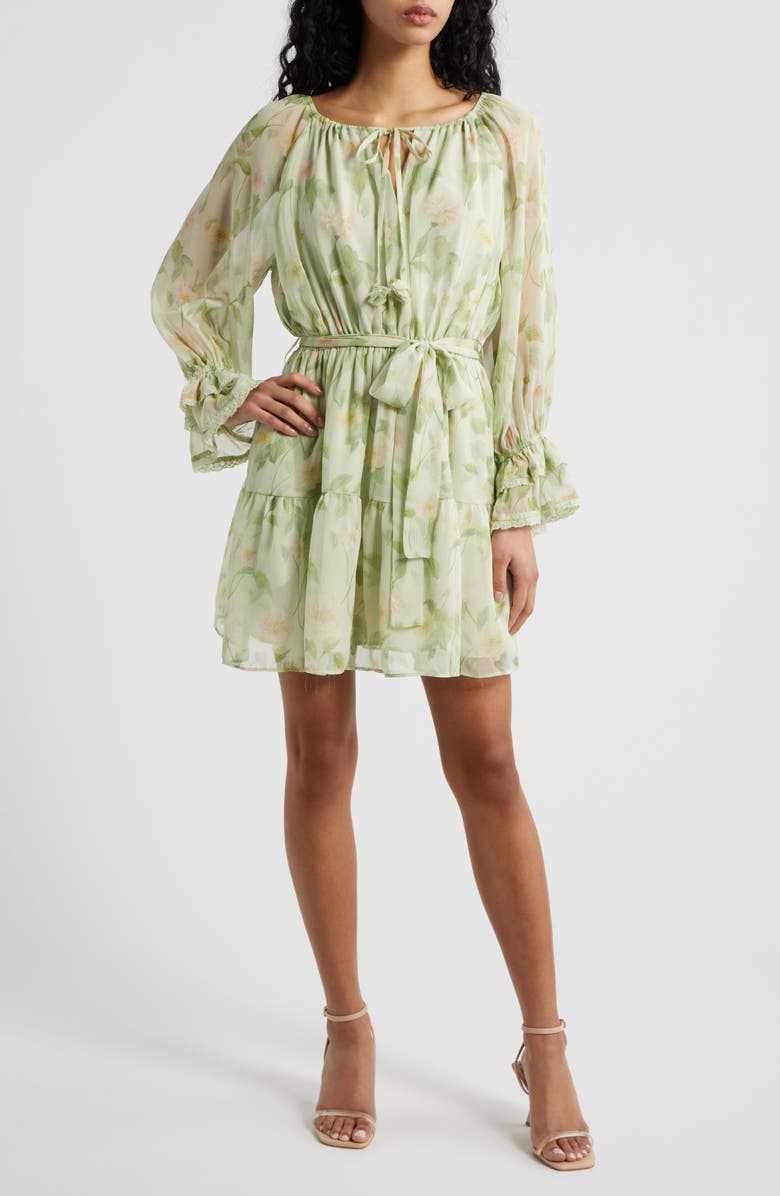 En Saison Paloma Floral Print Long Sleeve Minidress, Main, color, Sage Pink Yellow