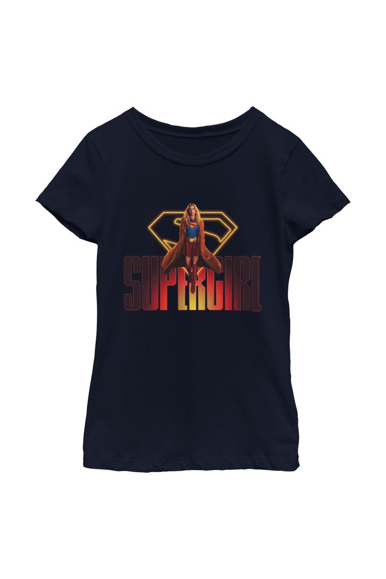 Girl's Supergirl Kara Flying Logo  Graphic T-Shirt, Main, color, Navy Blue