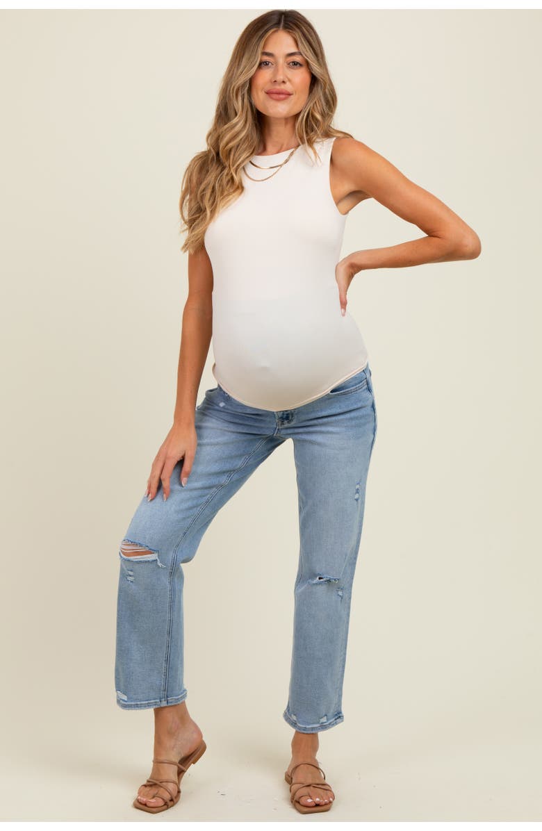 PinkBlush Distressed Open Knee Ankle Straight Leg Jeans, Alternate, color, Light Blue