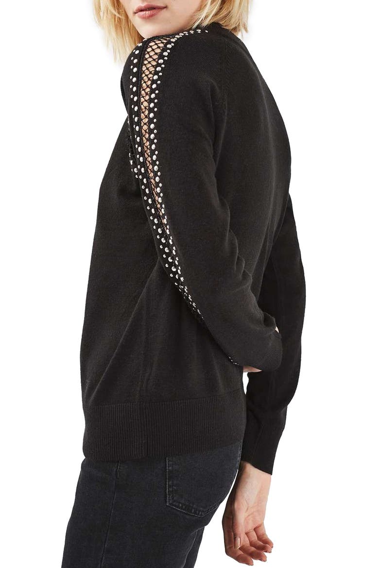 Stud Lattice Sweater, Alternate, color, BLACK