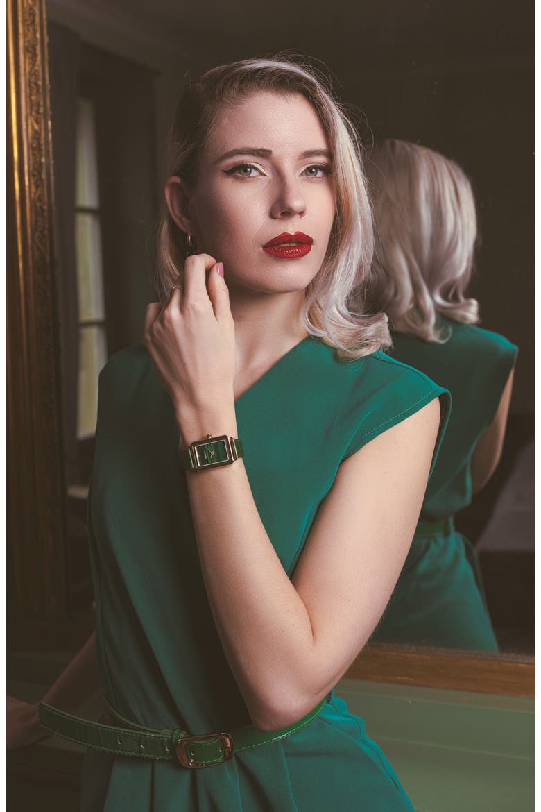 Eirini Leather Strap Watch, 25mm x 33mm, Alternate, color, GREEN