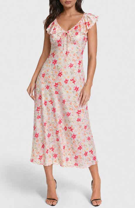 bebe Ruffle Trim Satin Midi Dress