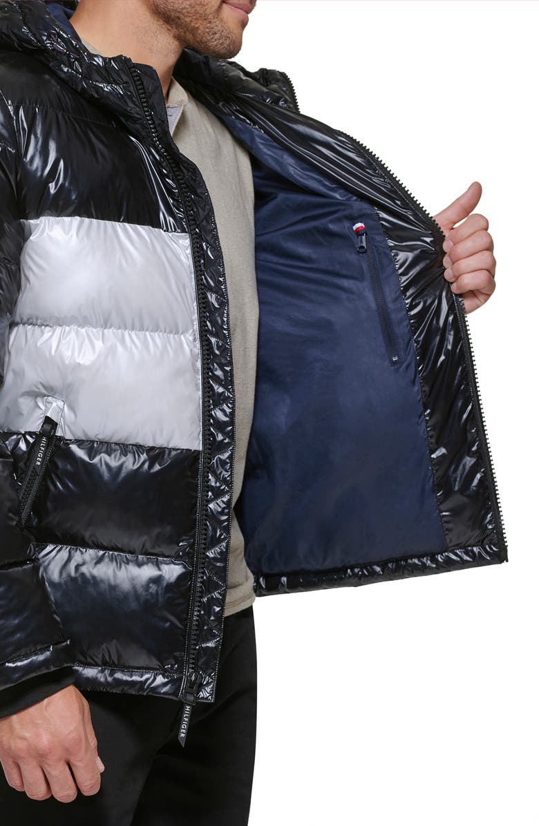 Tommy Hilfiger Quilted Puffer Hooded Mid Length Jacket, Alternate, color, Black/Silver