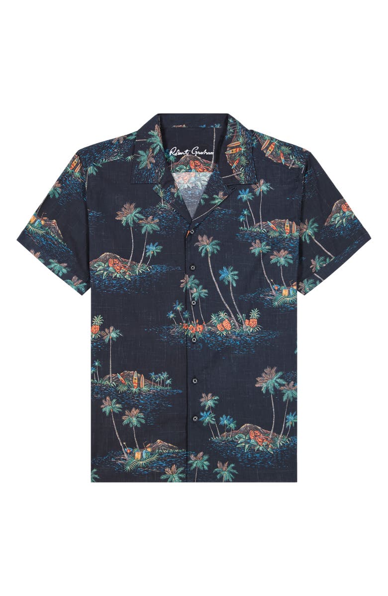 Robert Graham Kauai Tropical Print Cotton Camp Shirt, Alternate, color, Black