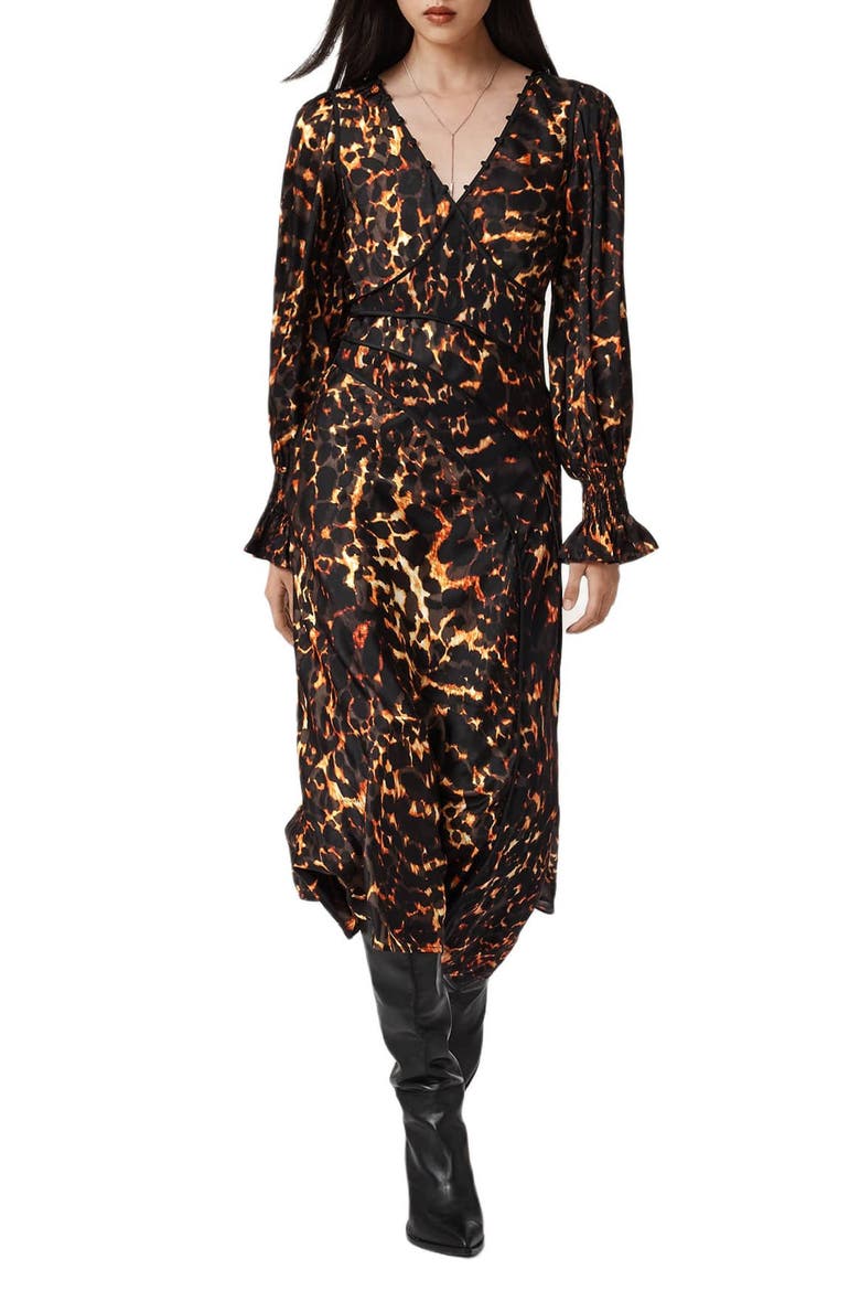 Dannie Print Long Sleeve Midi Dress, Main, color, PARDUS FLAME BROWN