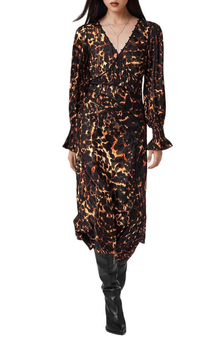 AllSaints Dannie Print Long Sleeve Midi Dress, Main, color, Pardus Flame Brown