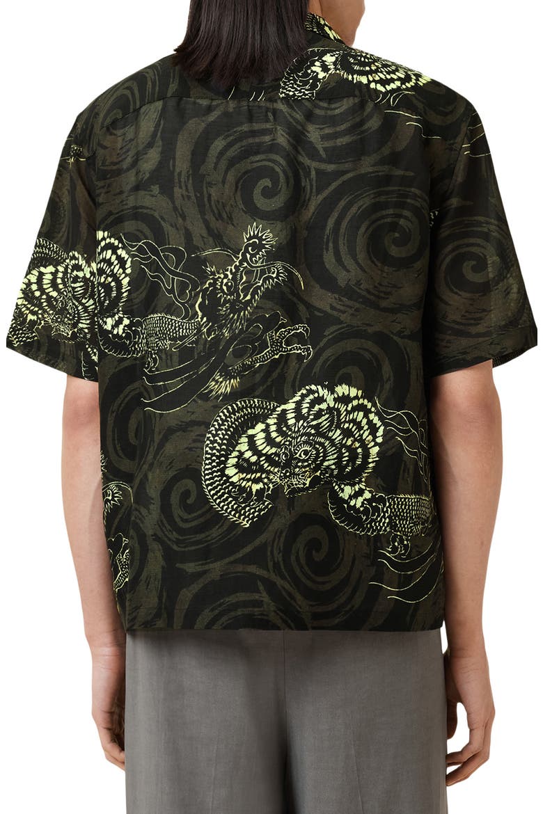 Sidewinder Dragon Print Viscose & Linen Camp Shirt, Alternate, color, KELP GREEN