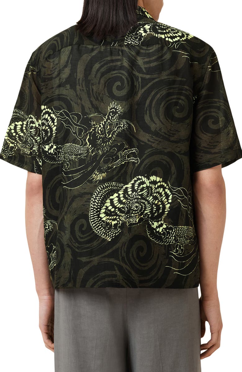 AllSaints Sidewinder Dragon Print Viscose & Linen Camp Shirt, Alternate, color, Kelp Green