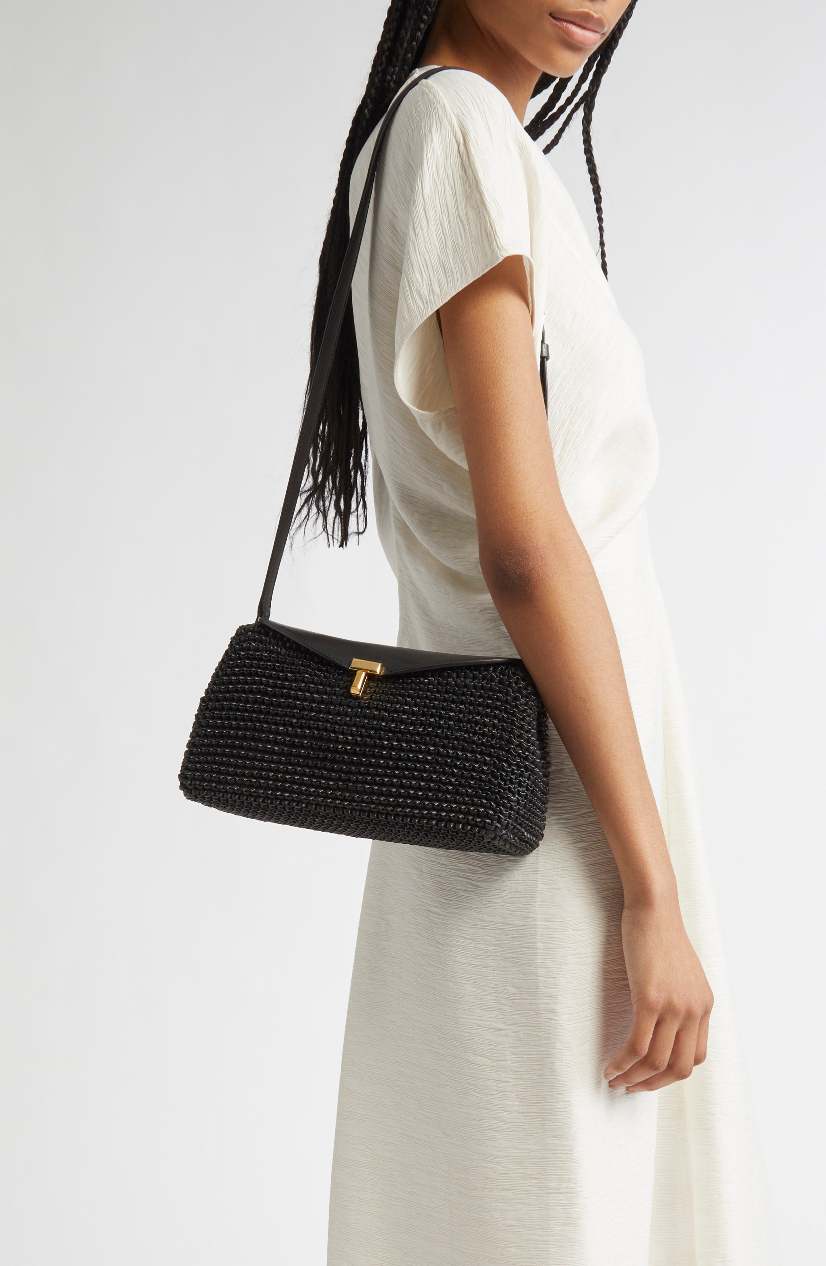 TOTEME T-Lock Top Handle Woven Leather Clutch, Alternate, color, Black