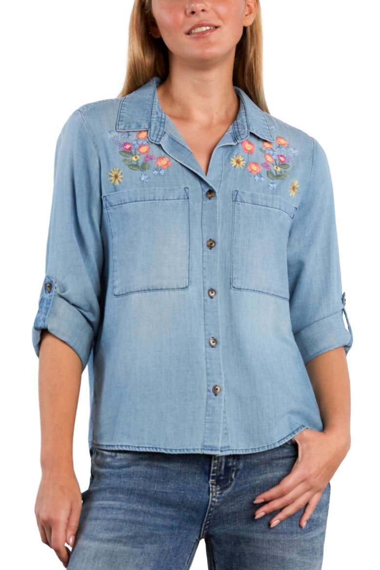 Summer Petal Embroidered Denim Shirt, Alternate, color, PURE DENIM