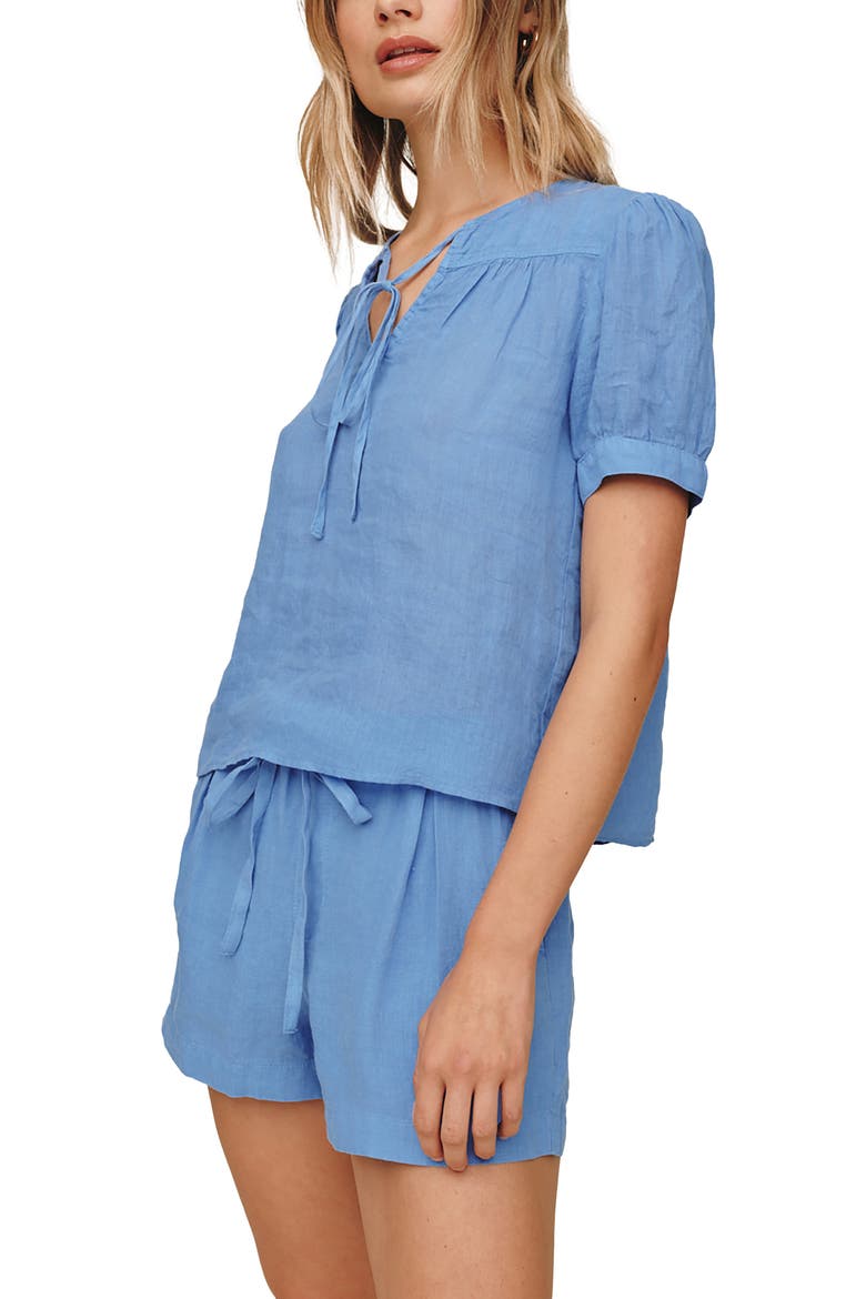 Flowy Puff Sleeve Linen Top, Main, color, OCEAN BLUE
