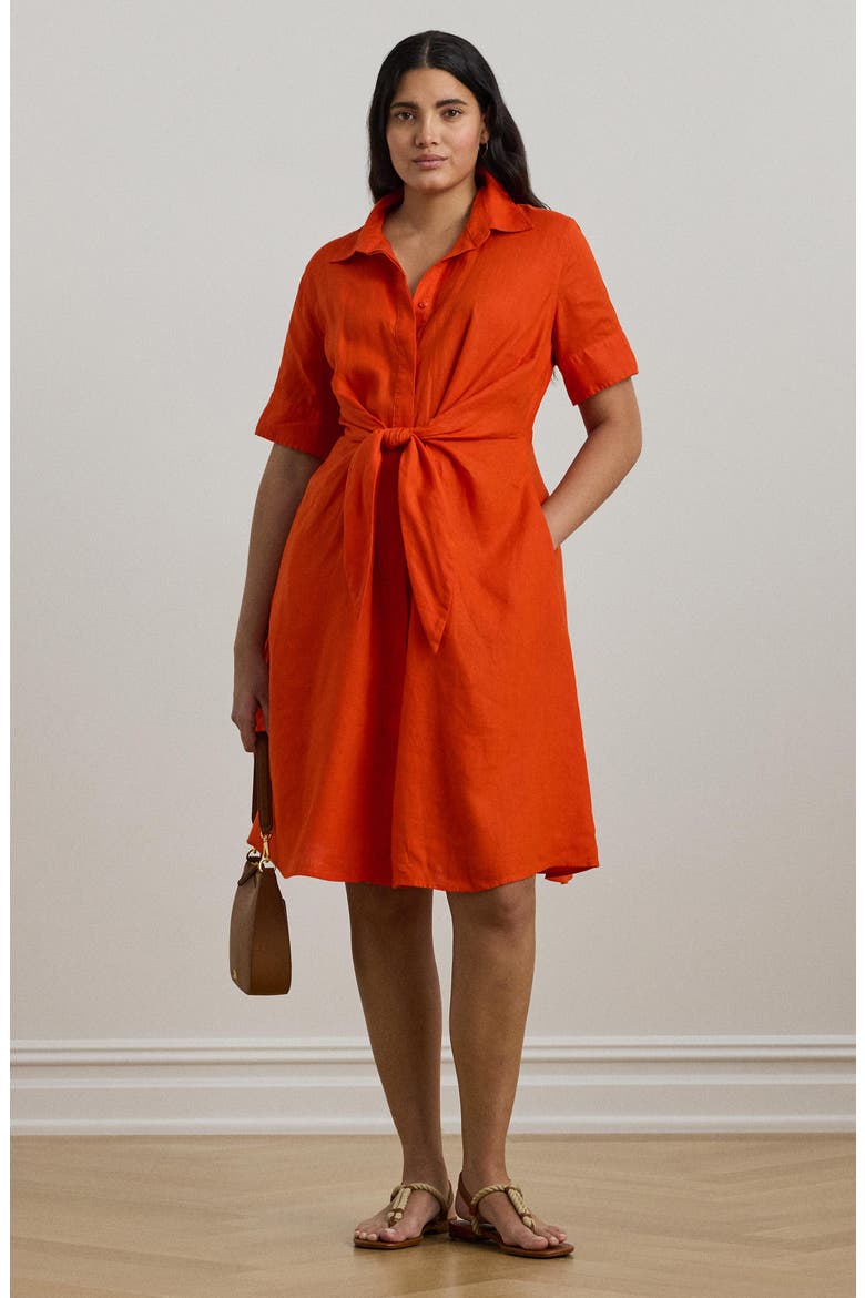 Front Tie Linen Shirtdress, Alternate, color, ORANGE LILY