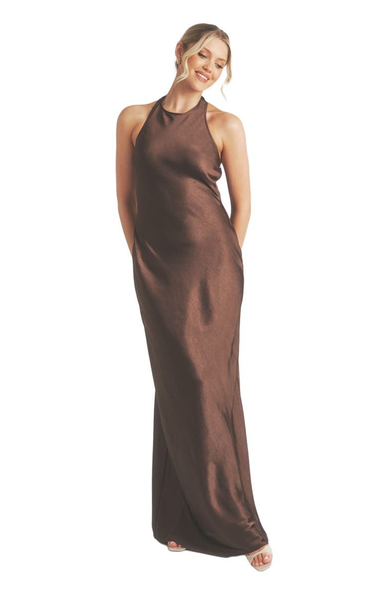 Six Stories Racer Neck Satin Bridesmaid Dress, Main, color, Chocolate