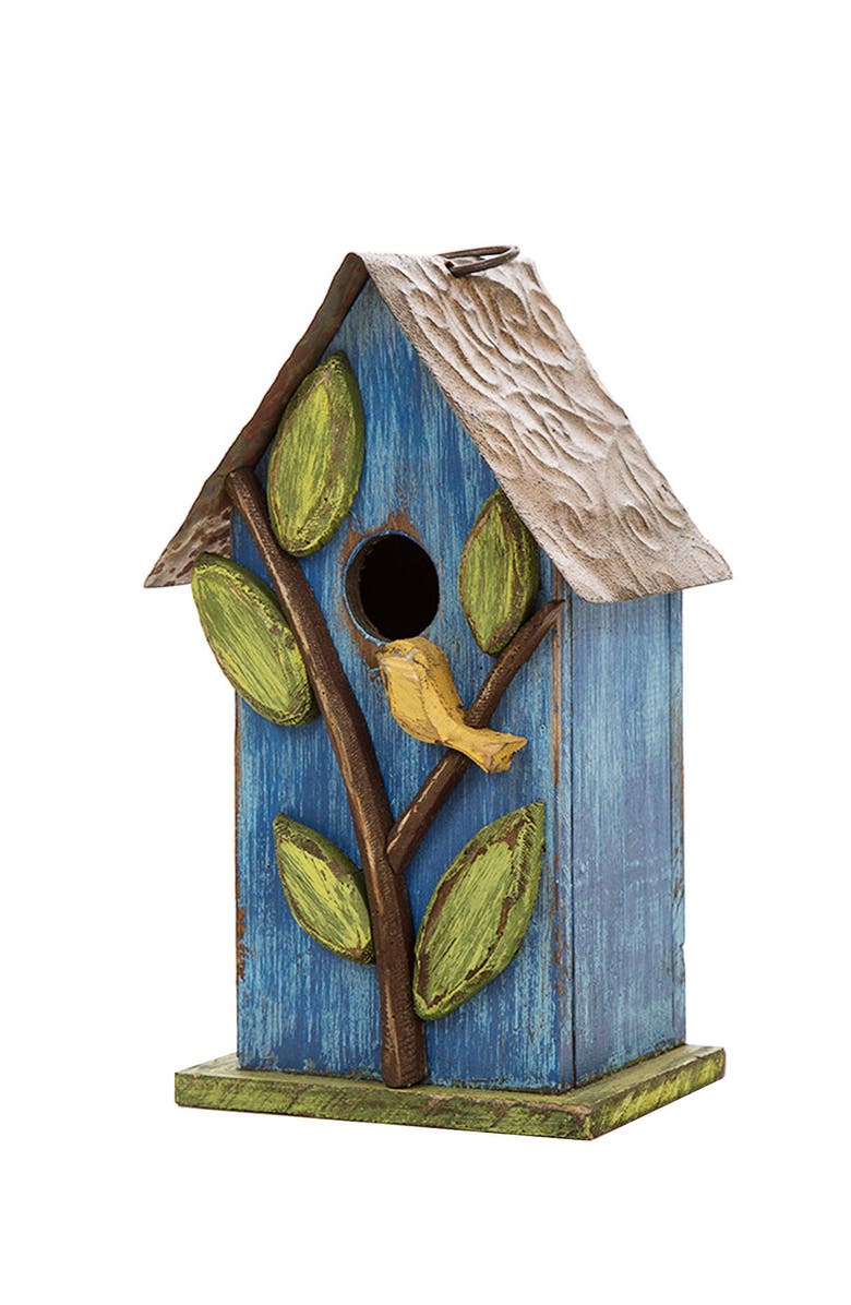 Glitzhome 10"H Multicolor Cute Distressed Solid Wood Birdhouse with 3D Flowers, Main, color, Blue
