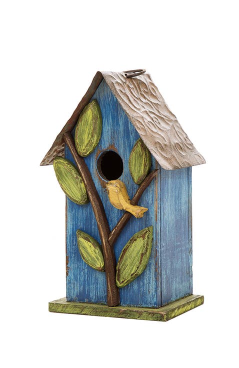 10"H Multicolor Cute Distressed Solid Wood Birdhouse with 3D Flowers