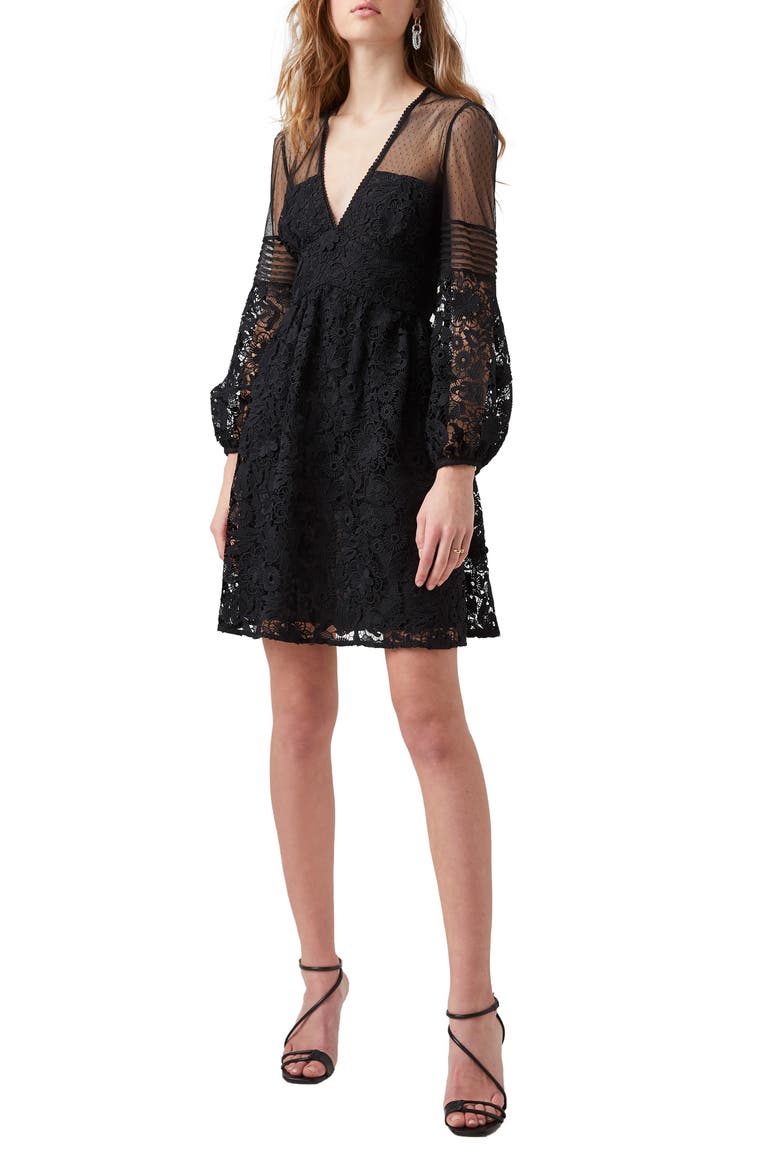 Long Sleeve Lace Minidress, Main, color, BLACK