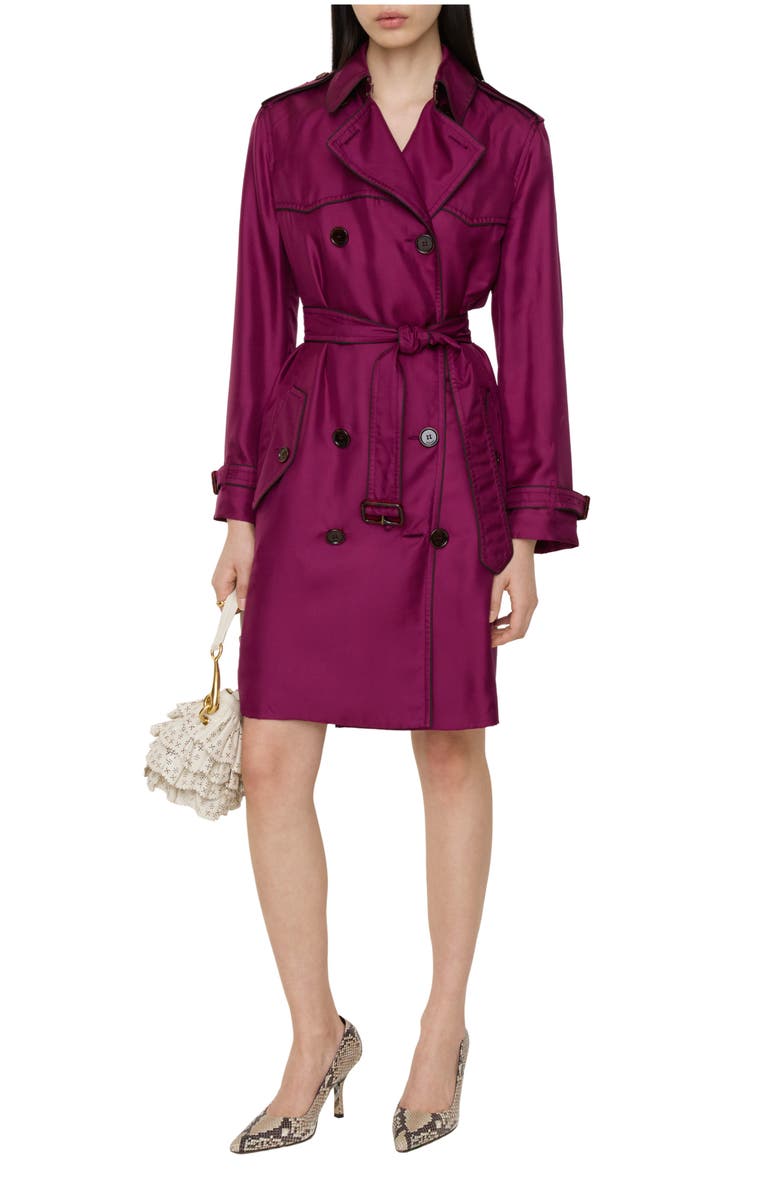 Burberry Long Silk Foxfield Trench Coat, Main, color, Allium Purple