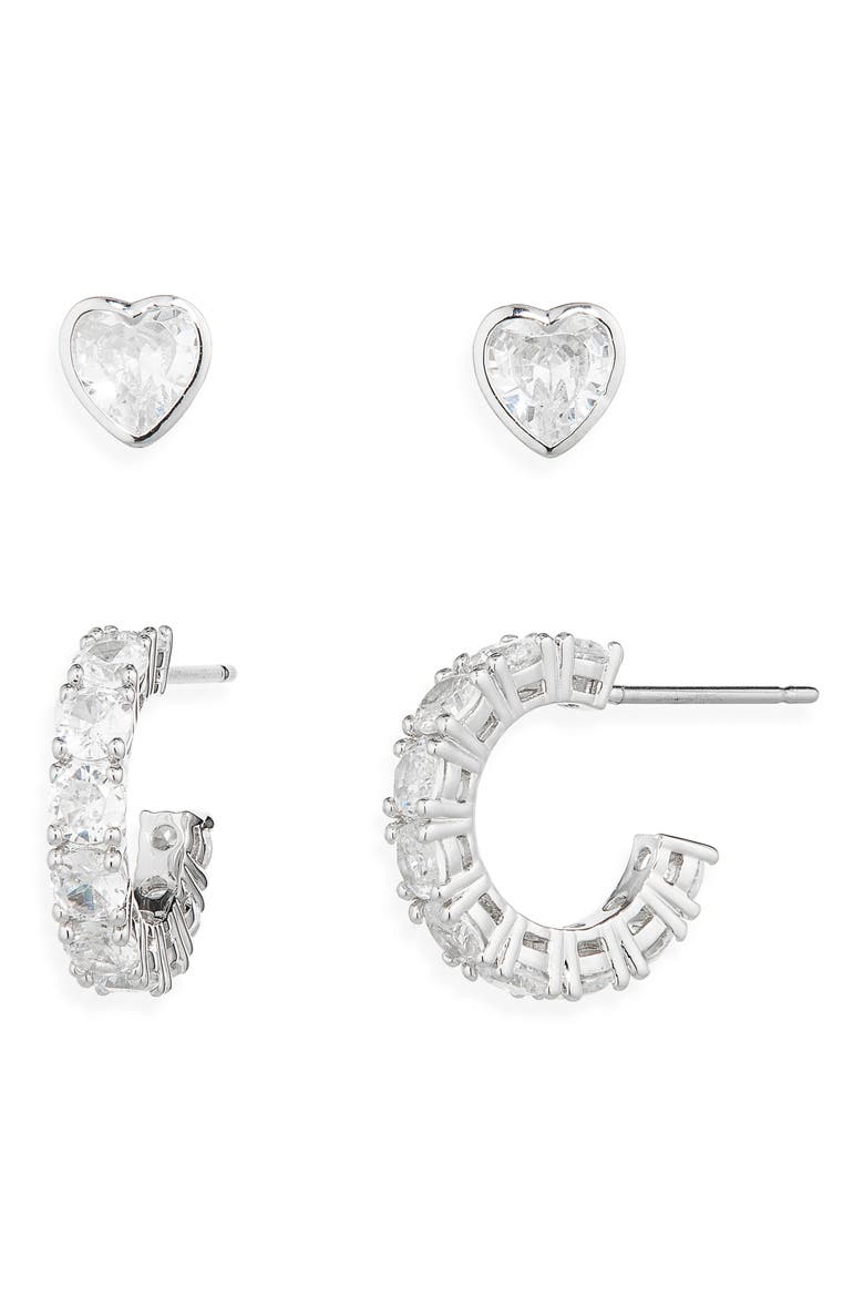 Serena Heart Stud & Hoop Earrings Set, Main, color, RHODIUM