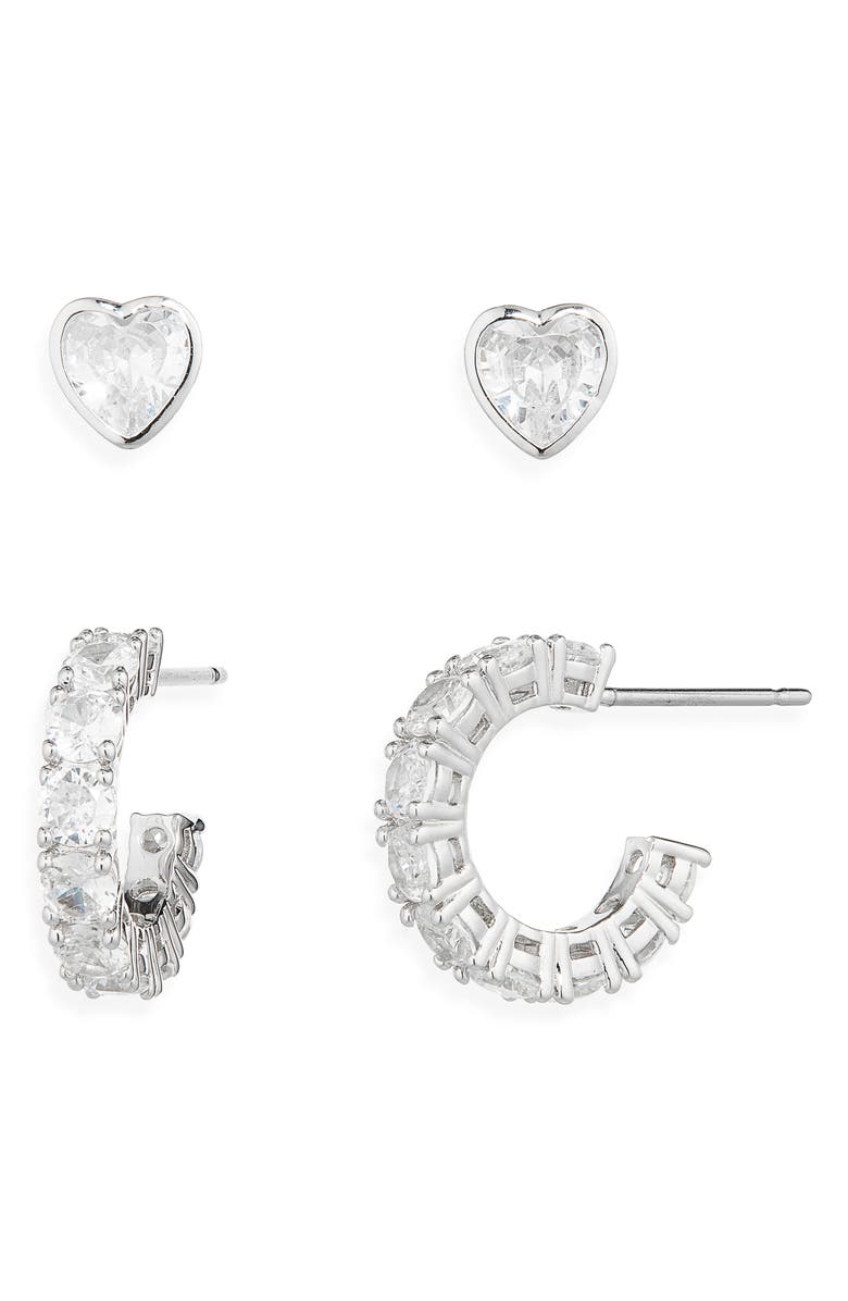 Nadri Serena Heart Stud & Hoop Earrings Set, Main, color, Rhodium