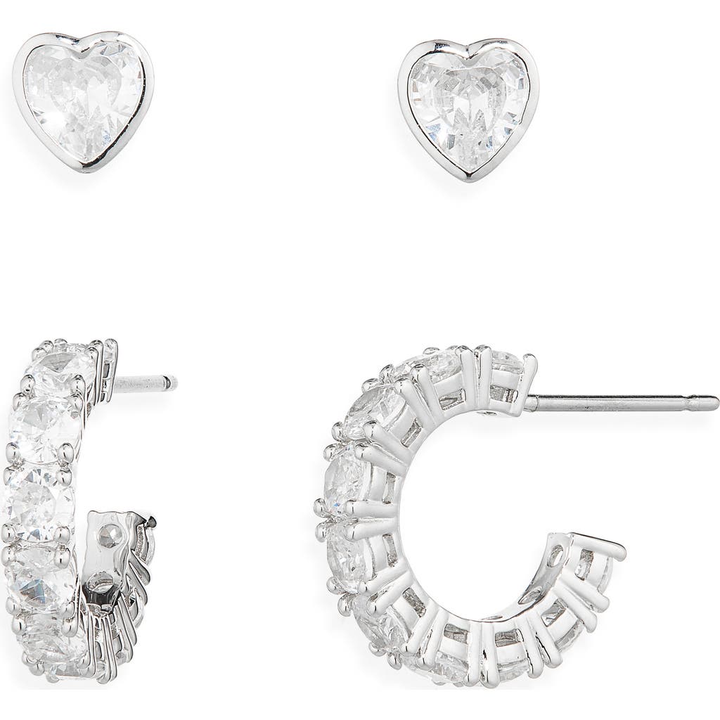 Nadri Serena Heart Stud & Hoop Earrings Set In Silver