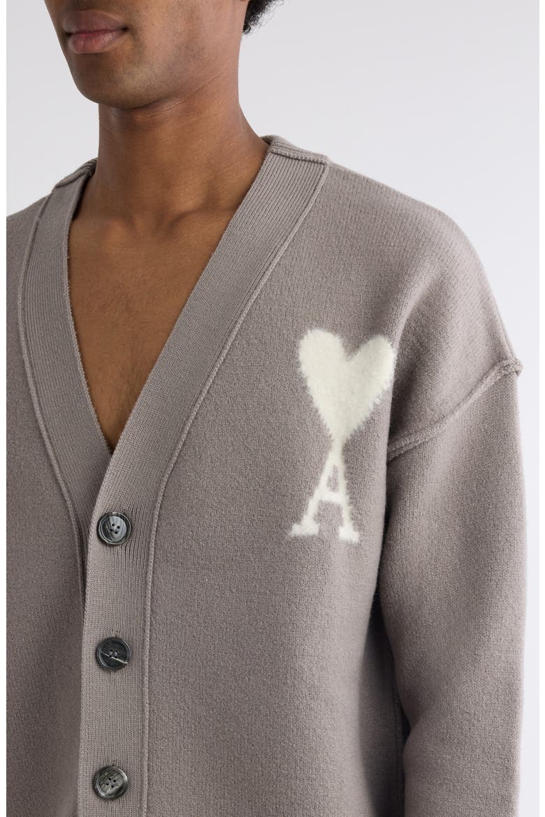 Ami De Coeur Intarsia Merino Wool Cardigan, Alternate, color, ASH/ OFFWHITE