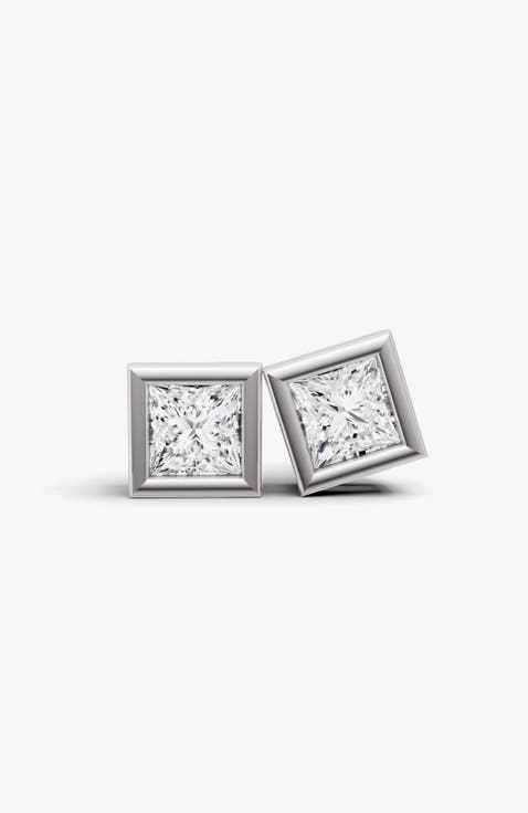 14K Gold Studs 0.75 Carat Earrings Princess Bezel