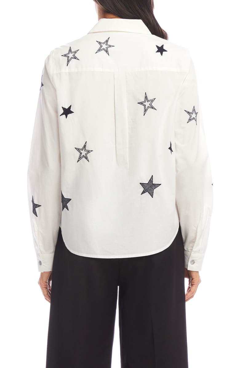 Karen Kane Star Embroidered Cotton Button-Up Shirt, Alternate, color, Off White W/ Nav