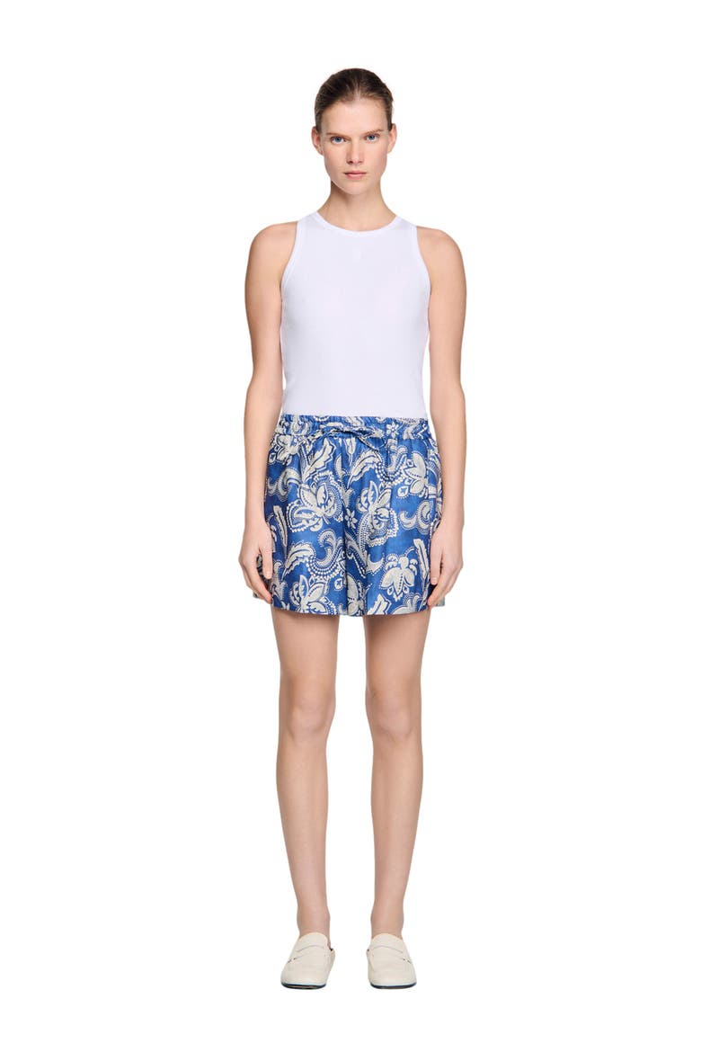 Floral print mini shorts, Alternate, color, Blue / ecru