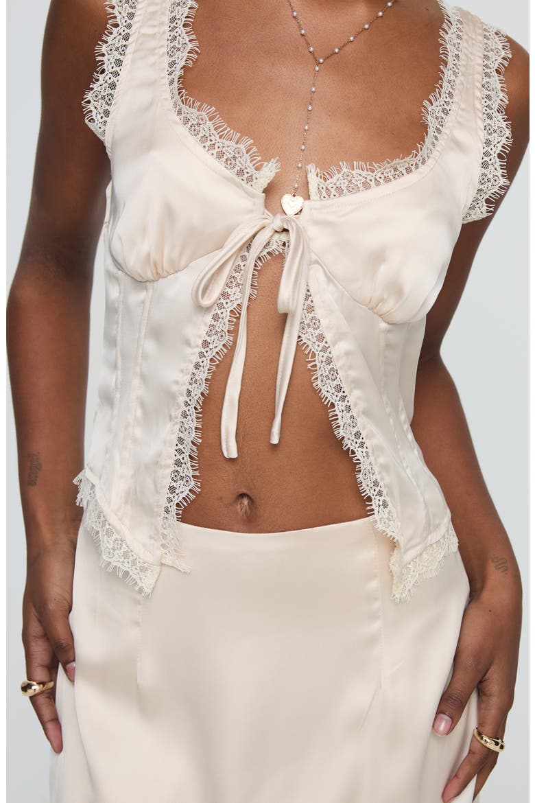 Mavie Two-Piece Lace & Satin Split Tie Top & Miniskirt, Alternate, color, CHAMPAGNE