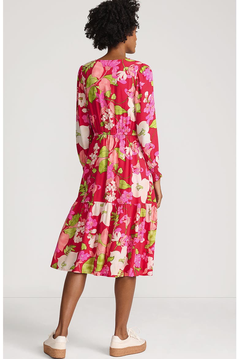 Crepe Button Front Long Sleeve Midi Dress, Alternate, color, Berry Rouge Lilies