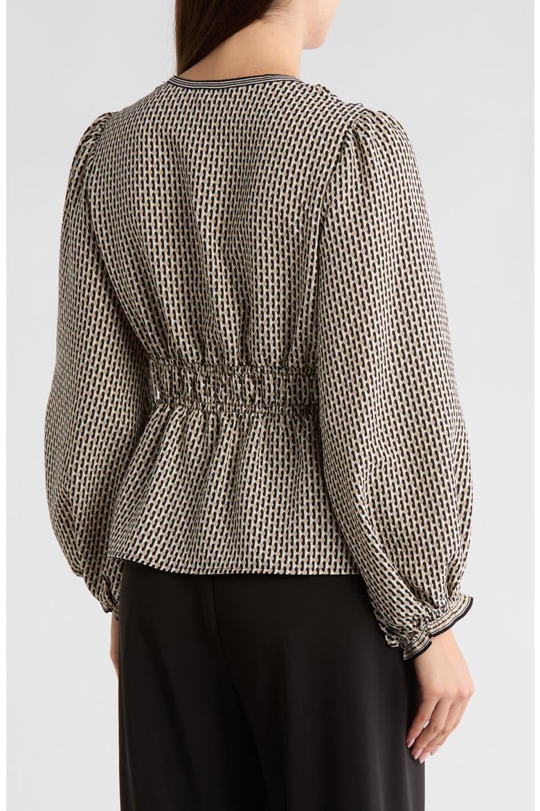 Balloon Sleeve Button-Up Peplum Top, Alternate, color, BLACK/ KHAKI DOTTED