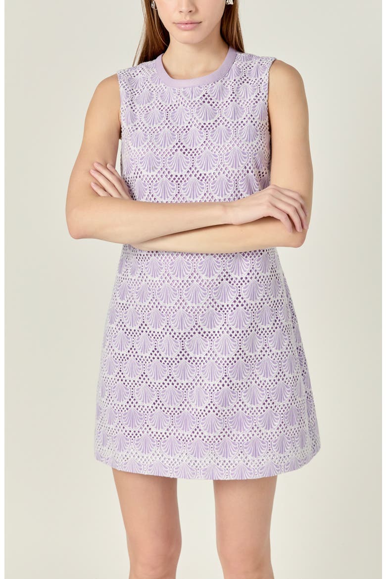 Shell Embroidered Knit Mini Shift Dress, Alternate, color, OFF WHITE/ LILAC