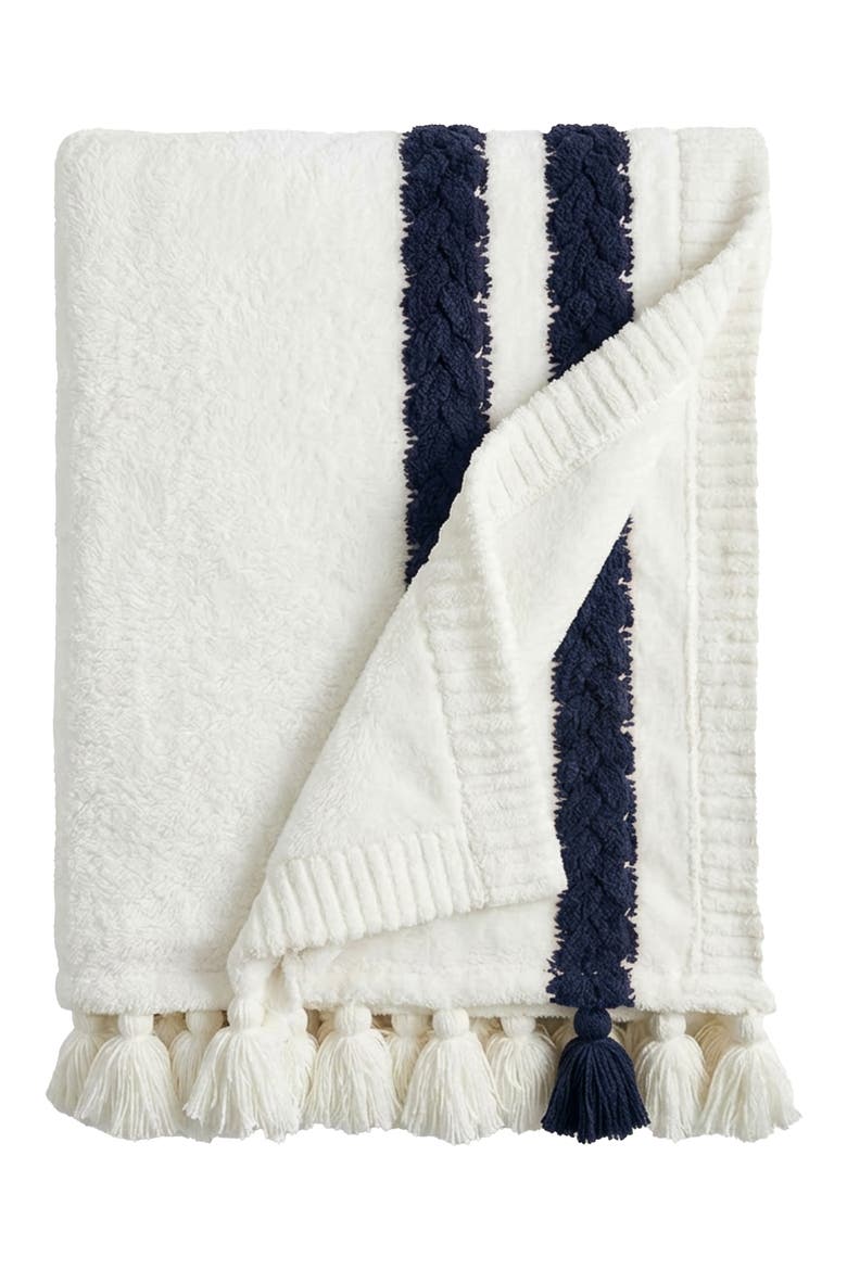 Snug Braided Stripe Throw Blanket, Main, color, OFF WHITE / MIDNIGHT