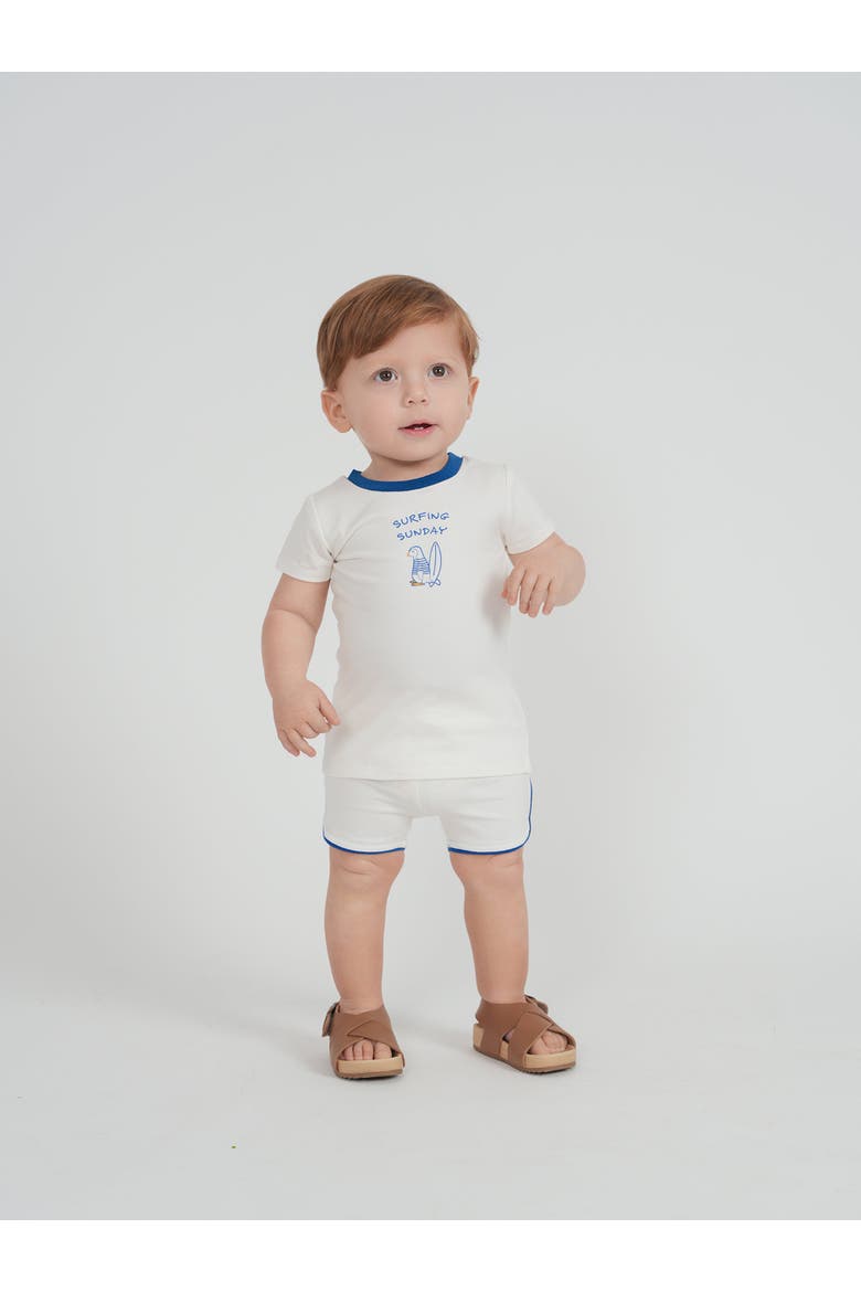 Surfing Sunday Penguin Graphic Top & Piped Elastic Waist Shorts Two Piece Set, Alternate, color, Off White/Blue
