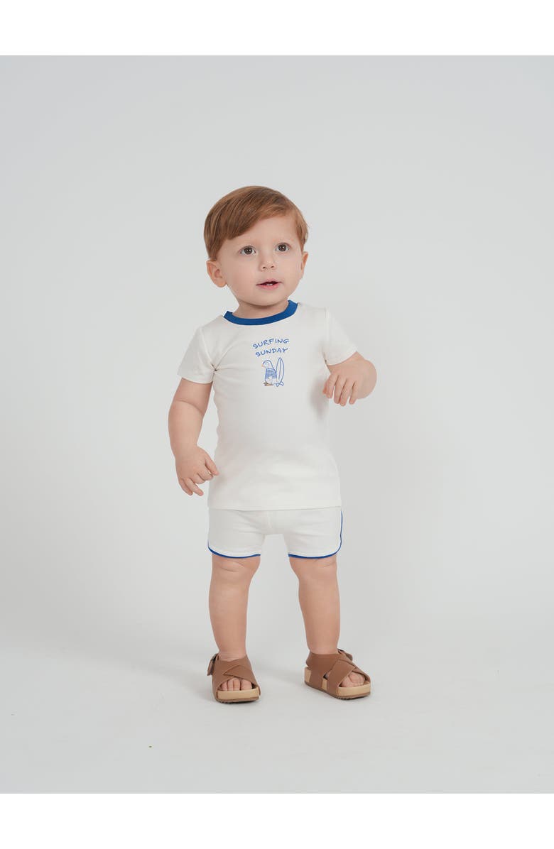 Puddles Surfing Sunday Penguin Cotton Spandex Top & Piped Shorts 2 Piece Set, Alternate, color, Off White/Blue