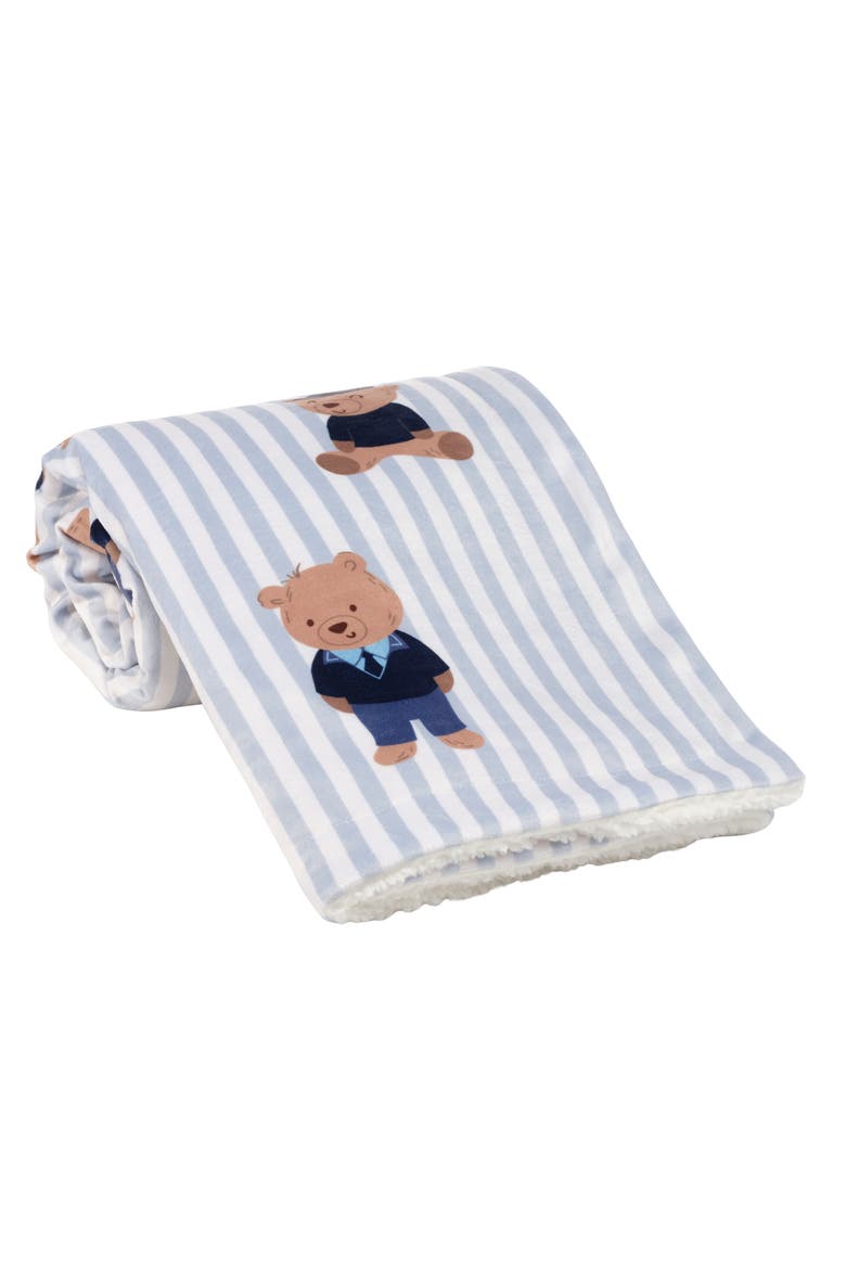 Blue Stripe Minky/Faux Shearling Sweater Bear Baby Blanket, Alternate, color, Blue