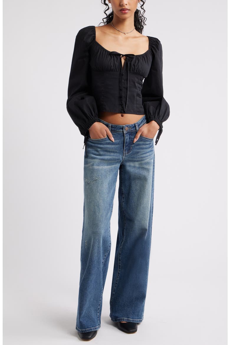 Long Sleeve Corset Cotton Crop Top, Alternate, color, BLACK