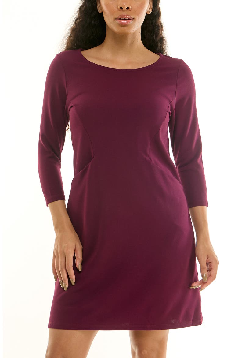 Crew Neck 3/4 Length Sleeve Swing Dress, Alternate, color, DEEP WINE
