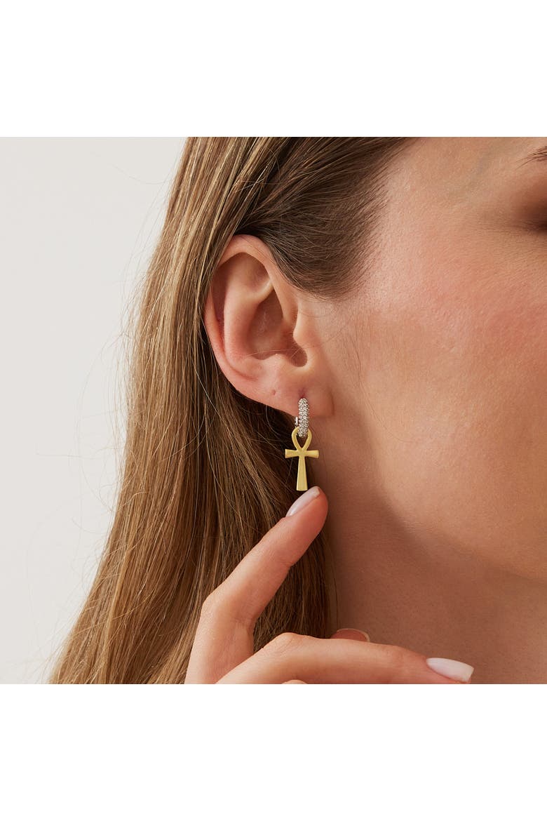 Sterling Silver Egyptian Ankh Zirconia Hoop Earring, Alternate, color, Gold